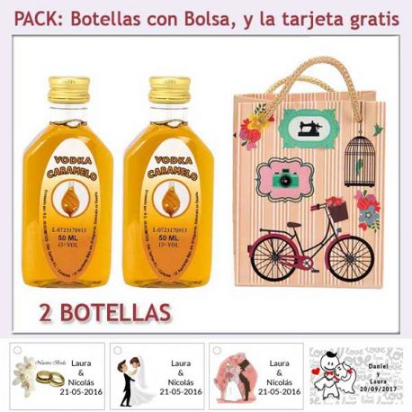 2 Botellitas de Vodka Caramelo con bolsa “fashion con bicicleta” y tarjeta