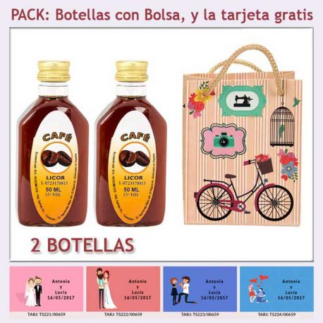 2 Botellitas de Licor de Café con bolsa “fashion con bicicleta” y tarjeta