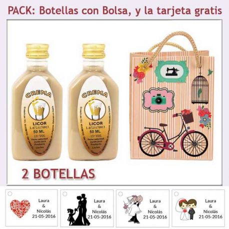 2 Botellitas de Licor Crema con bolsa “fashion con bicicleta” y tarjeta