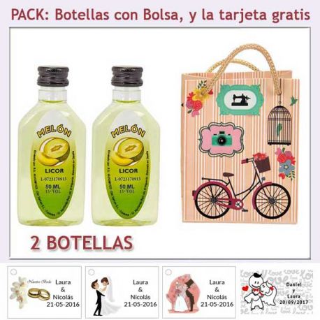 2 Botellitas de Licor de Melón con bolsa “fashion con bicicleta” y tarjeta