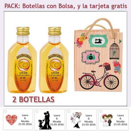 2 Botellitas de Licor de Mandarina con bolsa “fashion con bicicleta” y tarjeta