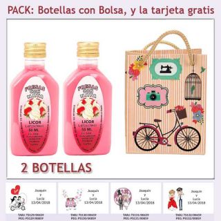 2 Botellitas de Licor de Fresas con Nata con bolsa “fashion con bicicleta” y tarjeta