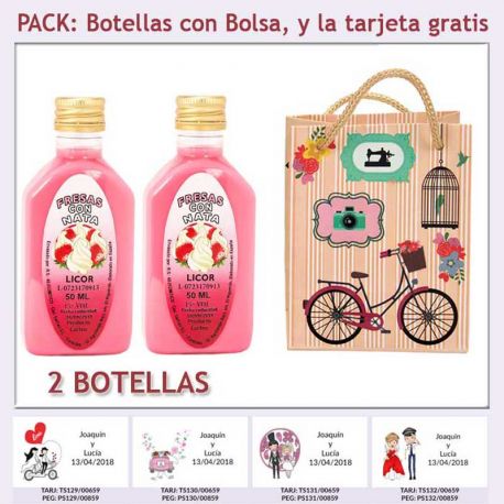 2 Botellitas de Licor de Fresas con Nata con bolsa “fashion con bicicleta” y tarjeta
