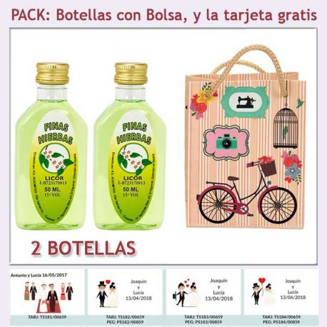 2 Botellitas de Licor de Finas Hierbas con bolsa “fashion con bicicleta” y tarjeta