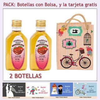 2 Botellitas de Licor de Fresas con Chocolate con bolsa “fashion con bicicleta” y tarjeta