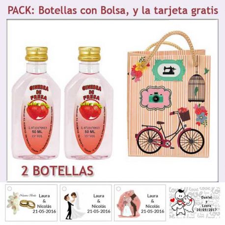 2 Botellitas de Ginebra de Fresa con bolsa “fashion con bicicleta” y tarjeta