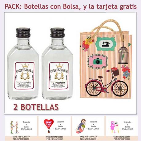 2 Botellitas de Ginebra Blanca con bolsa “fashion con bicicleta” y tarjeta