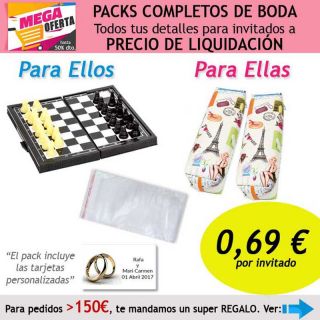 Pack completo “Super-Ahorro” de regalos para invitados (hombres y mujeres), con bolsas y tarjetas