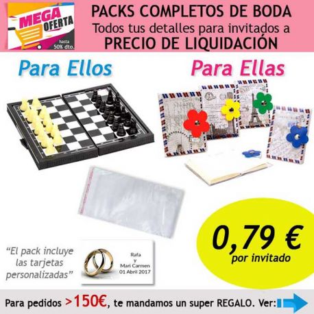 Pack completo “Super-Ahorro” de regalos para invitados (hombres y mujeres), con bolsas y tarjetas