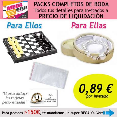 Pack completo “Super-Ahorro” de regalos para invitados (hombres y mujeres), con bolsas y tarjetas