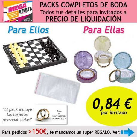 Pack completo “Super-Ahorro” de regalos para invitados (hombres y mujeres), con bolsas y tarjetas