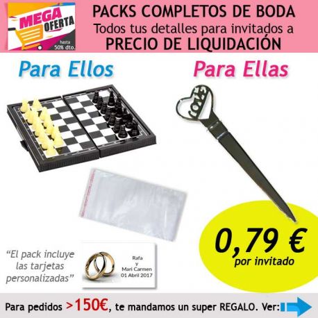 Pack completo “Super-Ahorro” de regalos para invitados (hombres y mujeres), con bolsas y tarjetas