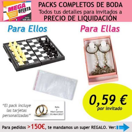Pack completo “Super-Ahorro” de regalos para invitados (hombres y mujeres), con bolsas y tarjetas