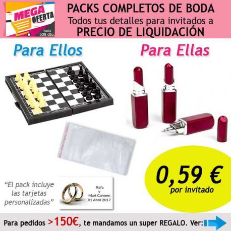 Pack completo “Super-Ahorro” de regalos para invitados (hombres y mujeres), con bolsas y tarjetas