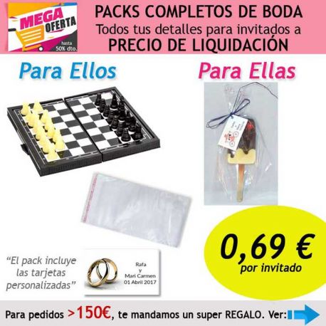 Pack completo “Super-Ahorro” de regalos para invitados (hombres y mujeres), con bolsas y tarjetas
