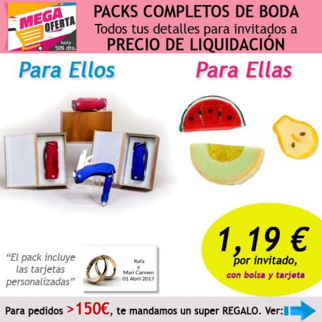 Pack completo “Super-Ahorro” de regalos para invitados (hombres y mujeres), con bolsas y tarjetas
