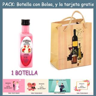 Botellita de Licor de Fresas con Nata con bolsa “bodegón” y tarjeta