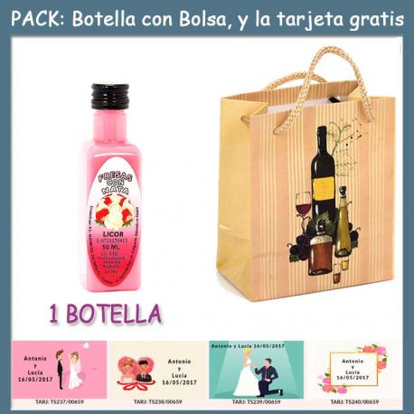 Botellita de Licor de Fresas con Nata con bolsa “bodegón” y tarjeta