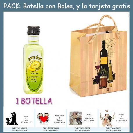 Botellita de Licor de Melón con bolsa “bodegón” y tarjeta