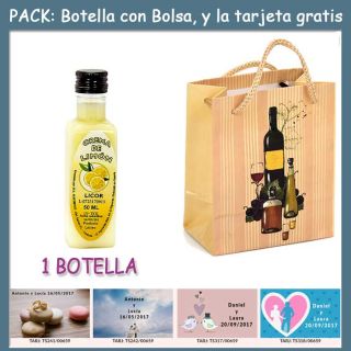 Botellita de Licor Crema de Limóncon bolsa “bodegón” y tarjeta