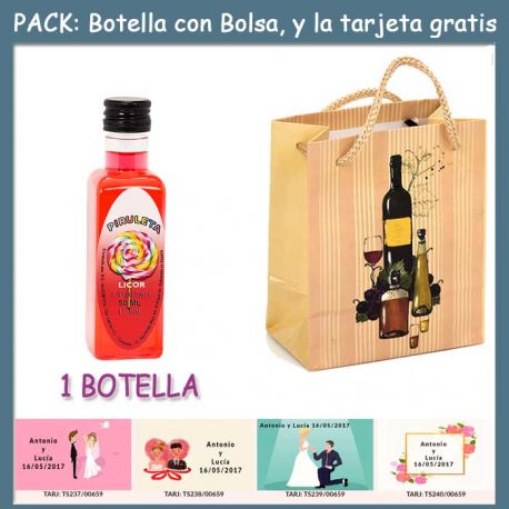 Botellita de Licor de Piruleta con bolsa “bodegón” y tarjeta