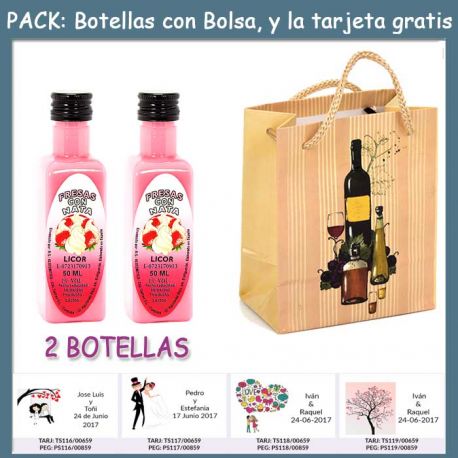 2 Botellitas de Licor de Fresas con Nata con bolsa “bodegón” y tarjeta