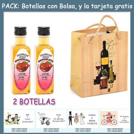 2 Botellitas de Licor de Fresas con Chocolate con bolsa “bodegón” y tarjeta
