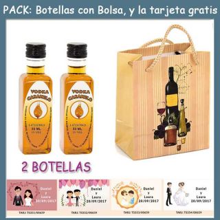 2 Botellitas de Vodka Caramelo con bolsa “bodegón” y tarjeta