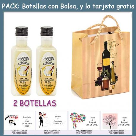 2 Botellitas de Licor de Arroz con Leche con bolsa “bodegón” y tarjeta