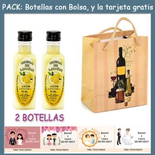 2 Botellitas de Licor Crema de Limóncon bolsa “bodegón” y tarjeta