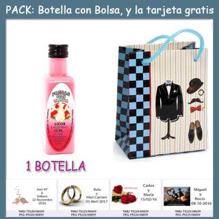 Botellita de Licor de Fresas con Nata con bolsa “charlestón” y tarjeta