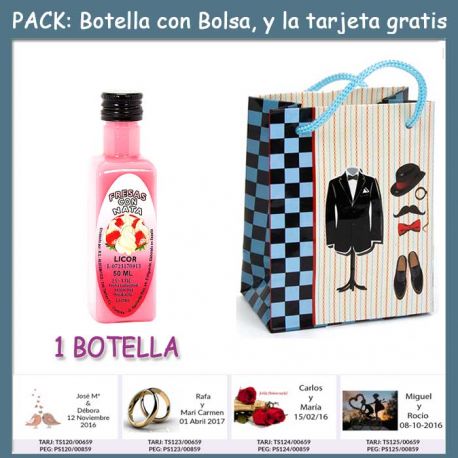 Botellita de Licor de Fresas con Nata con bolsa “charlestón” y tarjeta