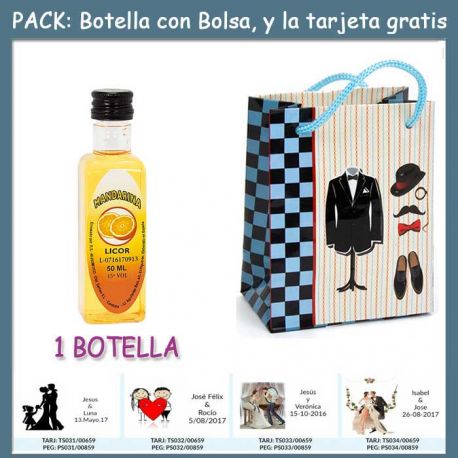 Botellita de Licor de Mandarina con bolsa “charlestón” y tarjeta