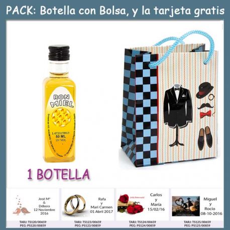 Botellita de Ron Miel con bolsa “charlestón” y tarjeta