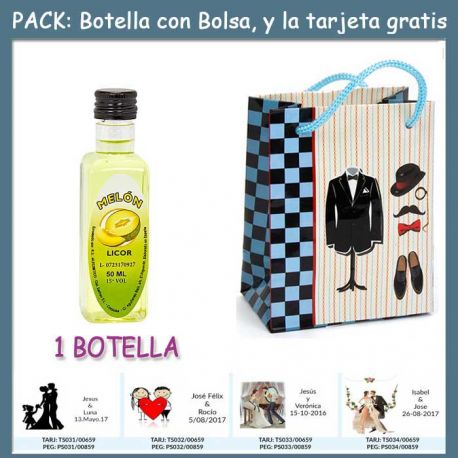 Botellita de Licor de Melón con bolsa “charlestón” y tarjeta