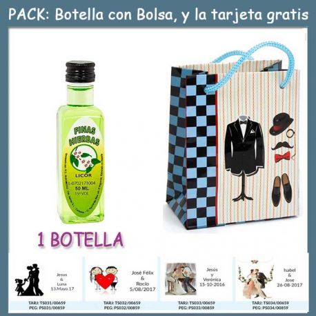 Botellita de Licor de Finas Hierbas con bolsa “charlestón” y tarjeta