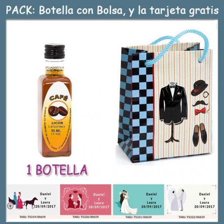 Botellita de Licor de Café con bolsa “charlestón” y tarjeta