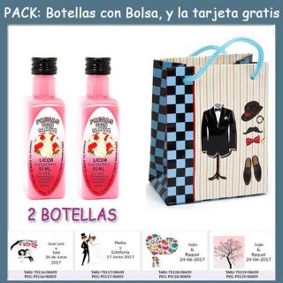 2 Botellitas de Licor de Fresas con Nata con bolsa “charlestón” y tarjeta