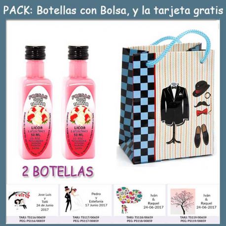 2 Botellitas de Licor de Fresas con Nata con bolsa “charlestón” y tarjeta