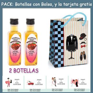 2 Botellitas de Licor de Fresas con Chocolate con bolsa “charlestón” y tarjeta