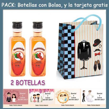 2 Botellitas de Pacharán con bolsa “charlestón” y tarjeta