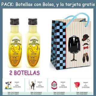 2 Botellitas de Licor de Crema de Plátano con bolsa “charlestón” y tarjeta