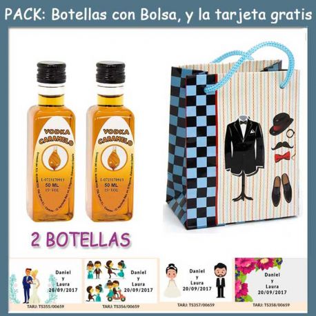2 Botellitas de Vodka Caramelo con bolsa “charlestón” y tarjeta