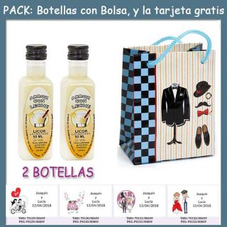 2 Botellitas de Licor de Arroz con Leche con bolsa “charlestón” y tarjeta