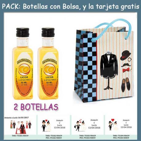 2 Botellitas de Licor de Mandarina con bolsa “charlestón” y tarjeta