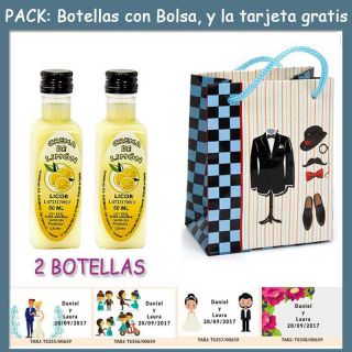 2 Botellitas de Licor Crema de Limóncon bolsa “charlestón” y tarjeta