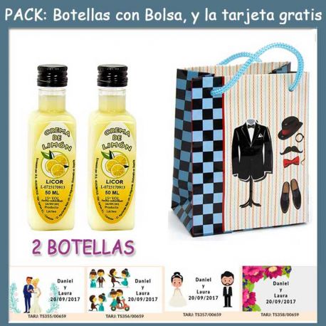 2 Botellitas de Licor Crema de Limóncon bolsa “charlestón” y tarjeta