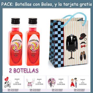 2 Botellitas de Licor de Piruleta con bolsa “charlestón” y tarjeta