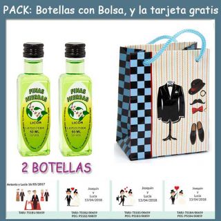 2 Botellitas de Licor de Finas Hierbas con bolsa “charlestón” y tarjeta