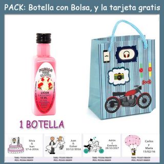Botellita de Licor de Fresas con Nata con bolsa “con moto roja” y tarjeta